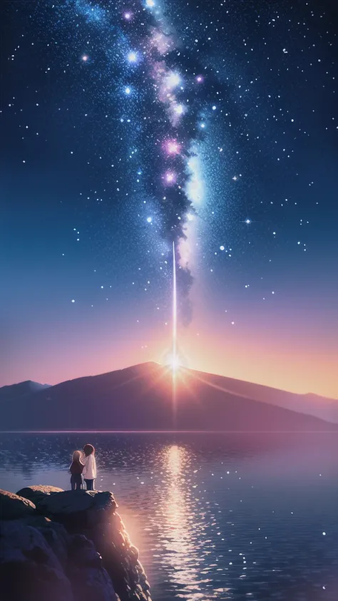 anime scenery of two people standing on a rock looking at the sky, cosmic skies. by makoto shinkai, makoto shinkai cyril rolando, beautiful anime scene, anime sky, anime art wallpaper 4 k, anime art wallpaper 4k, anime art wallpaper 8 k, anime beautiful pe...