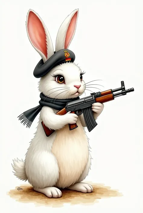 A watercolor drawing of a white rabbit looking to the right, Profile, mid size, hairy, with long ears falling down its back, black eyes, curled eyelashes, soviet beret, black scarf around his neck and a machine gun in his hands in firing position.