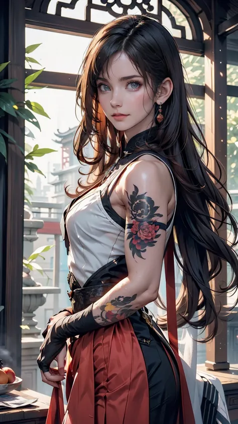 Ancient Chinese Beauties, Attractive temperament, Flowing long skirt, Clear Face, Beautiful Eyes, Around the sweet osmanthus, A well-proportioned masterpiece with perfect body structure, Very detailed, A magnificent composition, Color tattoo art, New Tradi...