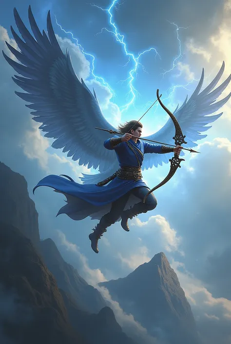 Male Air Mage wielding a bow and arrow a flying above the sky conjuring storms with a giant falcon