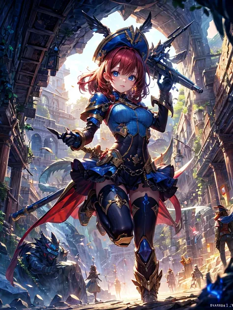 masterpiece,(bestquality),highlydetailed,ultra-detailed,1girl,(beautifulPirates girl:golden,glowingeyes:Blue,Pirates armor and hats:1.2,elongatedears:0.8),(Inside the cave、adventure:1.5,weapon:energyblade),（Treasures such as gold bars:1.5）(fantasylandscape...