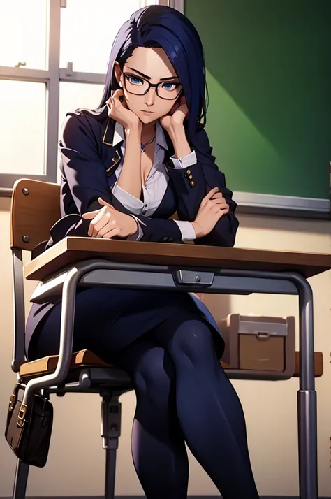 Arcane style ,Caitlynn sitting on a desk , hot , beautiful , glasses , teacher 