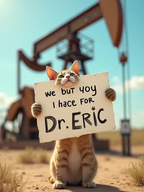 cat holds a sign that says "I love Dr Eric" and pumpjin