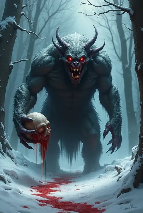 Very scary demon in the middle of a snow forest full of blood, with a human head in his hand