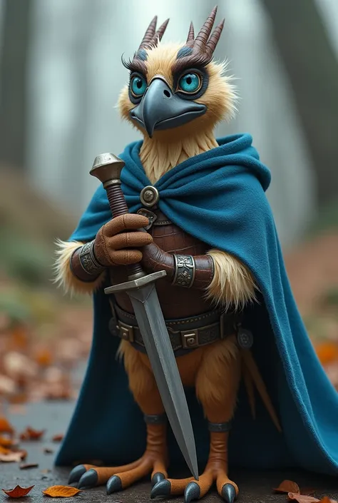 XUER Pixar style,solo,looking at viewer,blue eyes,gloves,holding,standing,full body,weapon,belt,sword,cape,holding weapon,blurry,no humans,depth of field,blurry background,bird,holding sword,own hands together,feathers,knife,1other,brown gloves,fantasy,hol...