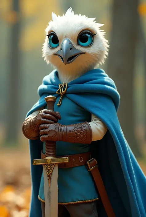 XUER Pixar style,solo,looking at viewer,blue eyes,gloves,holding,standing,full body,weapon,belt,sword,cape,holding weapon,blurry,no humans,depth of field,blurry background,bird,holding sword,own hands together,feathers,knife,1other,brown gloves,fantasy,hol...