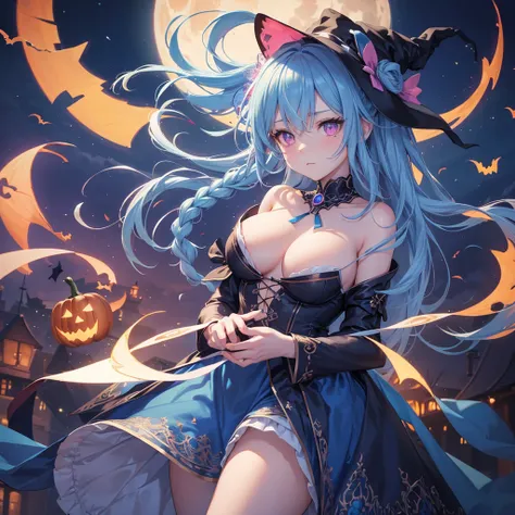 (Sky Blue Hair),(Braided medium hair), (Pink Eyes),Fair skin) ,(whole body),(One Girl),(Crescent Moon),(There are many pumpkin ghosts in the background),(Trick or Treat),Halloween Night Party),(masterpiece, Highest quality, Very detailed, Best Shadow), (De...