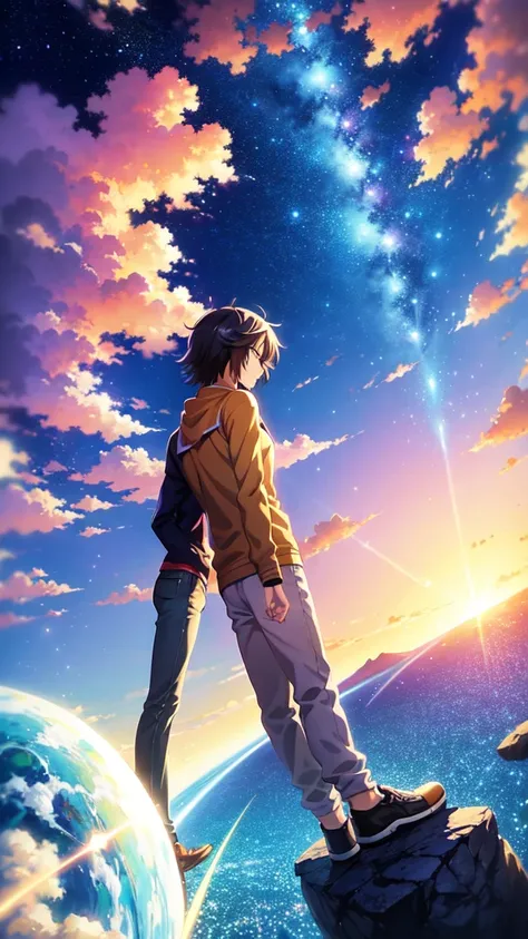 anime scenery of two people standing on a rock looking at the sky, cosmic skies. by makoto shinkai, makoto shinkai cyril rolando, beautiful anime scene, anime sky, anime art wallpaper 4 k, anime art wallpaper 4k, anime art wallpaper 8 k, anime beautiful pe...