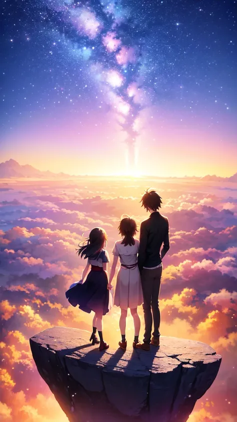 anime scenery of two people standing on a rock looking at the sky, cosmic skies. by makoto shinkai, makoto shinkai cyril rolando, beautiful anime scene, anime sky, anime art wallpaper 4 k, anime art wallpaper 4k, anime art wallpaper 8 k, anime beautiful pe...