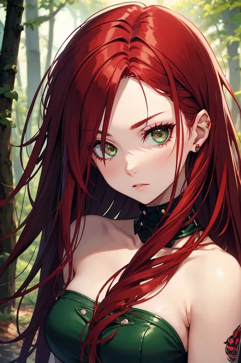 Woman punk long red hair green eyes dark forest