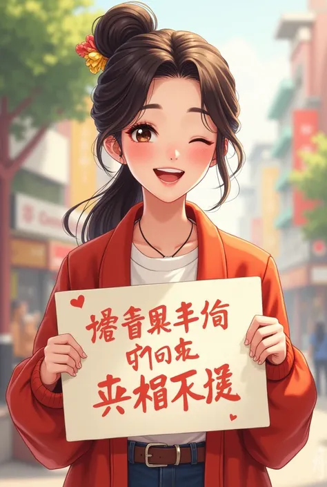 A beautiful and lovely lady holding a sign "Wang Lingchen is so handsome", hapiness, hapiness的, Anime Illustrations, Reality, painting