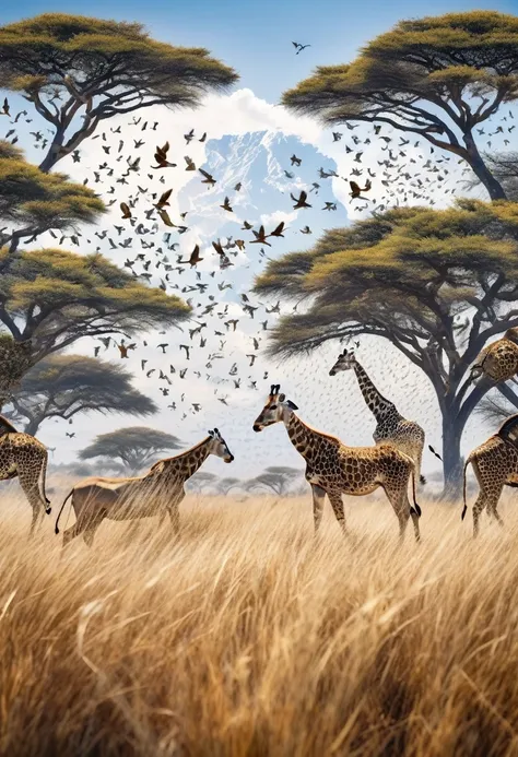 ((Double Exposure)) ((Photography)) of the ((Lions, antelopes, giraffes)) and ((grass and trees)) and ((birds flying in the sky)) blending together in the word ((WILDLIFE)), artfully captured with a ((70mm lens)) on a ((clear sunny day)), intricate details...