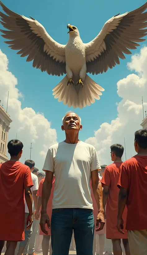 painting of Indonesian independence with the Garuda letter and heroes and the capital city of the archipelago, asian old man, handsome face even though he is bald, thin and the shortest in height compared to the otherswith, wearing white t-shirt and jeans,...