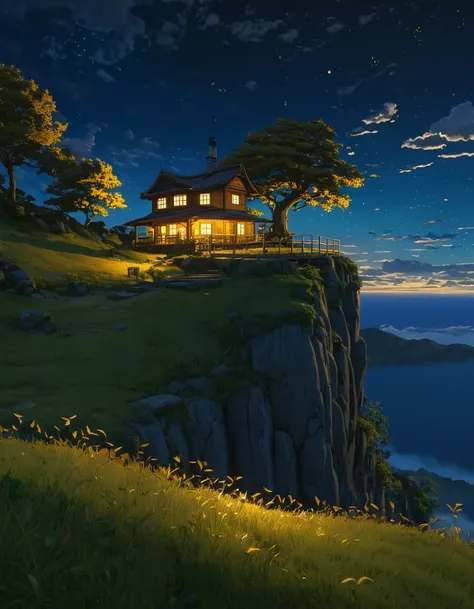 masterpiece!!!!     8k a small cabin on the edge of a cliff ANIME GHIBLI STYLE!!!!! The image shows a serene night scene of a house under a tree clouds hill!!!   path golden clouds lighting anime 8k l fireflies grass golden night shadow,   firefly golden l...