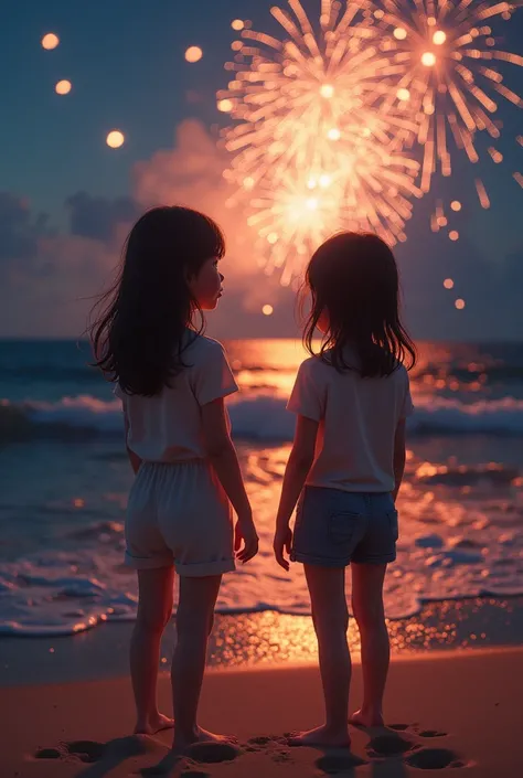 Japanese，Age 18，sister，Randomly generated people with diverse facial features and hairstyles，Perfect Anatomy,Ocean，Beach，firework，Night Sky，Launch firework， Ocean，magazine photography