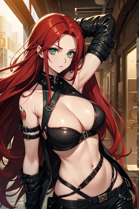 Woman punk long red hair green eyes big breast apocalypse 