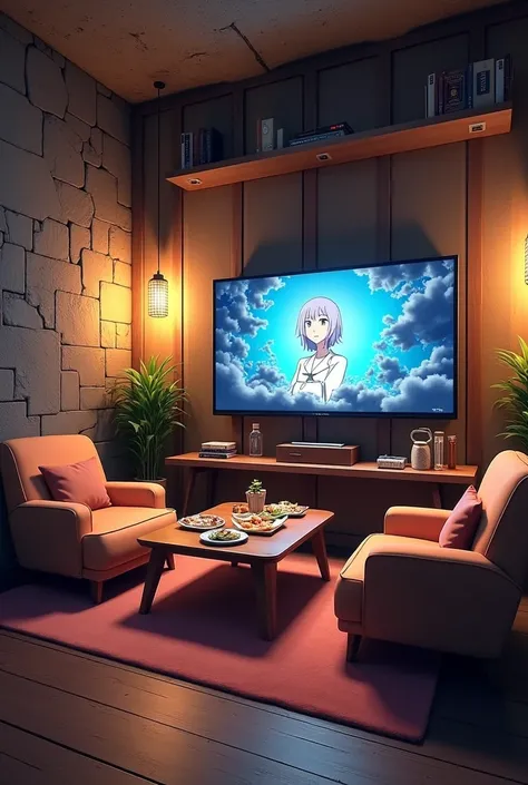 Generate for me the image of a mine room where there are two armchairs, a table with food and a TV showing Boku no Hero. The image is from an anime without people and it is a modern setting.