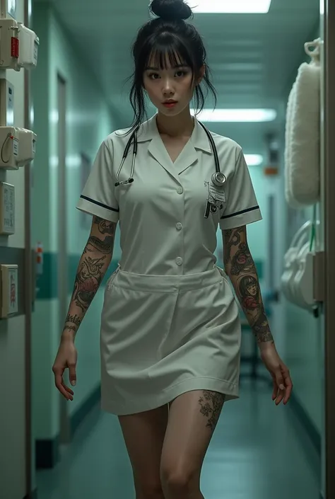 Japanese woman,Beautiful,40 years old,thick bodied,white skin yakuza tattoos,big chested,big ass,thick thighs,expression of lust,black hair color in bun,brown eye color,dressed as a nurse,full body photo distance,dynamic point of view,wide open leg pose,ho...