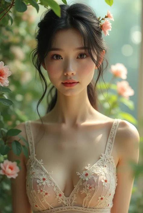 In a lush indoor garden, a Japanese woman wears a sheer top with a floral pattern, with a close-up focused on her breasts and the soft flowers behind her, creating a harmony of nature and beauty.