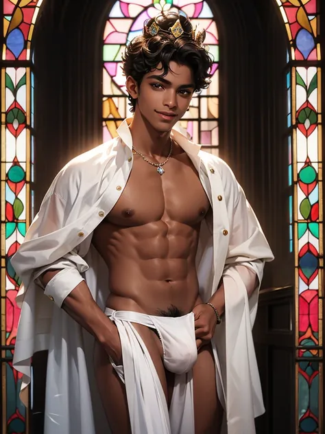 A skinny, dark-skinned femboy with black, curly African hair. He has brown eyes, full lips, and his face is clean shaven. He is a prince. He is wearing beautiful jewelry. He is smiling. He has a royal crown on his head. He is wearing white sexy thong with ...