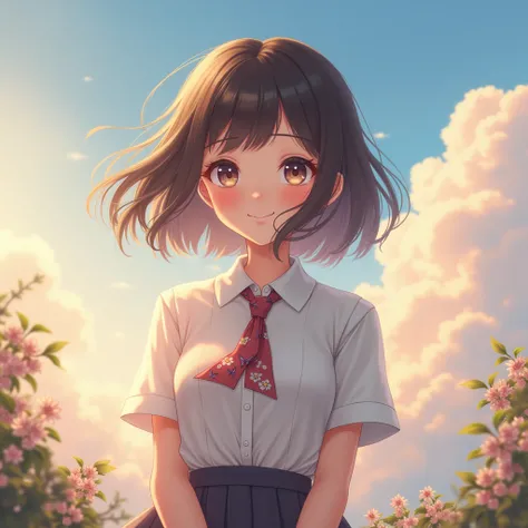 (8k, best qualityer, work of art:1.2), (SFW:1.3), (realisitic, photo-realisitic:1.37), ultra detali, 1 girl,cute, standing alone,beautiful detailed sky,detailed coffee,natta,sitting down,falling in love,(Blushing Nose),(ssmile:1.1),(cloused mouth) medium b...