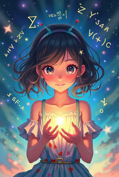 Create an anime-like image that contains a girl holding mathematical signs in her hands and with mathematical formulas in the background. 
