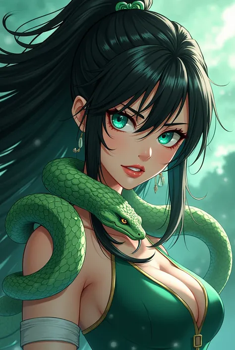 Anime manga style, woman, babe, green white snake on neck, epic battle, snake goddess, blade whip in hand, epic fight, turquoise eyes, very long black hair, firm face, snakes power