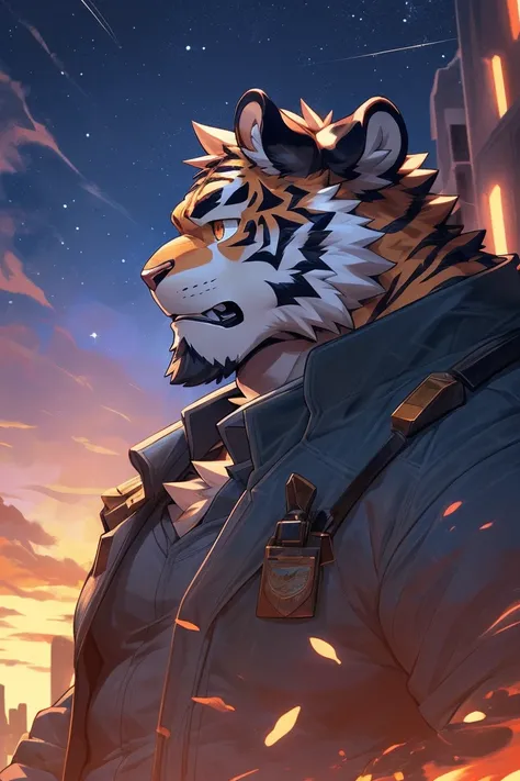 human nature, cannon, male, Solitary, ((Round Face, The face is plump,orange eyes,A small amount of black beard)), ((Endomorph, Handsome，Handsome)), (White fig leaf，Future Warframe), ((domestic 虎，Tiger), (In Abandoned City), bokeh, (high quality, high reso...