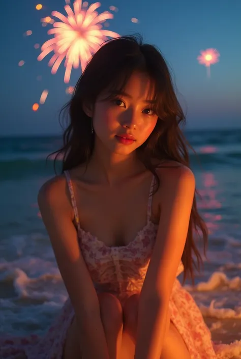 Japanese，Age 18，young girl，Randomly generated people with diverse facial features and hairstyles，Perfect Anatomy,Ocean，Beach，firework，Night Sky，Launch firework， Ocean，sweet girl，Photoshoot，magazine photography