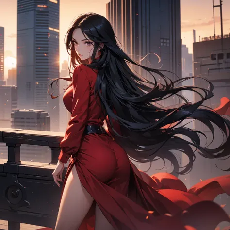 a beautiful woman with long black hair, wearing a tight red dress, standing holding a pistol, aiming the barrel at the bad guys, on a tall building, the sun is setting.