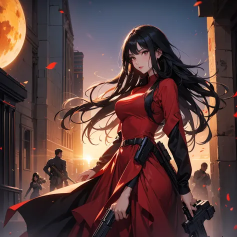 a beautiful woman with long black hair, wearing a tight red dress, standing holding a pistol, aiming the barrel at the bad guys, on a tall building, the sun is setting.