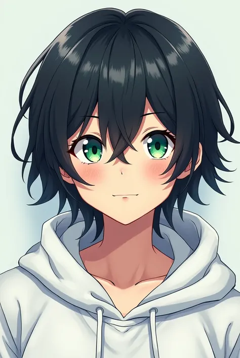 15 year old boy with shoulder length black hair and green eyes wearing a white hoodie anime

