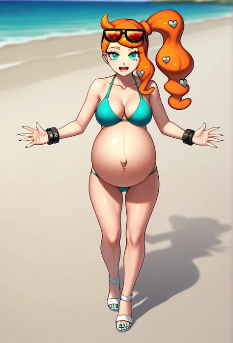 score_9, score_7_up BREAK solo,EPpkSonia,orange hair, side ponytail, aqua eyes, long hair, eyewear on head, sunglasses, heart hair ornament, aqua bikini, pregnant , big belly, Belly button piercing, cleavage, bracelet, collarbone, blue panties, nail polish...