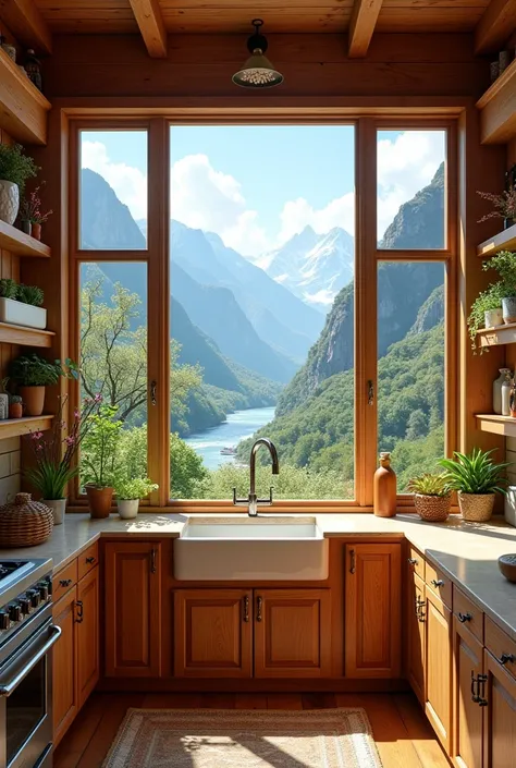 A kitchen with a huge window overlooking mountains with nature, flowers and a river . The kitchen seen from the inside out has to be very cozy, with lots of wooden furniture, very wide