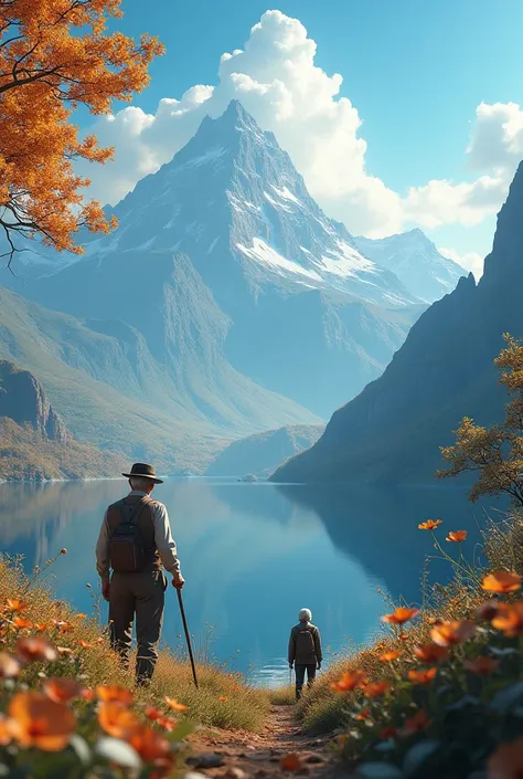 masterpiece，Best quality，high quality，Extremely detailed CG unity 8k wallpaper，landscape，Exterior，Autumnal，sky sky，cloud，Daisy，Monte，landscape，water，The tree，Blue sky，Nature，lake，Rios，Two old men climbing up，Award-winning photography，blur background，Depth ...