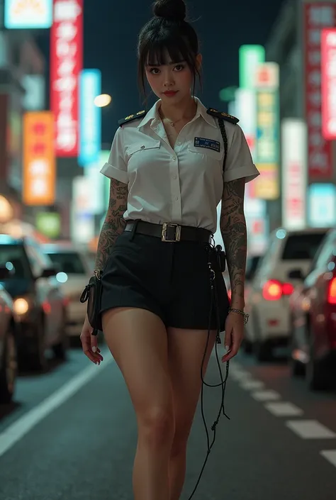 Japanese woman,Beautiful,40 years old,thick bodied,white skin yakuza tattoos,big chested,big ass,thick thighs,expression of lust,black hair color in bun,brown eye color,policewoman in mini skirt,full body photo distance,dynamic point of view,wide open leg ...