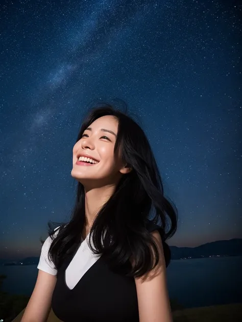 A black-haired Japanese woman looking up at the starry sky, smiling broadly at the observation deck on Mount Rob Hair