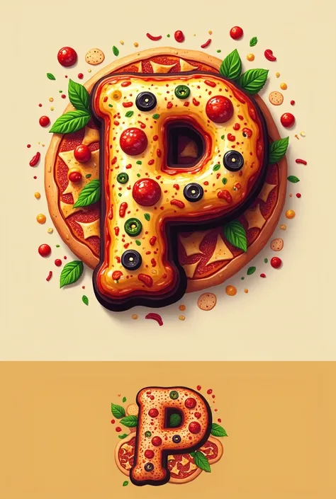 Create a LOGO with the initial P with the PIZZA theme, And in the background of the image, place mini pizzas to create contrast. And the letter P is made with a pizza or inside a pizza 