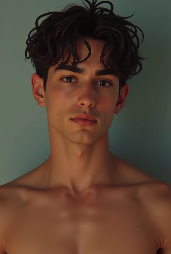 **A young man in his 19s, white latino lean, viril body but sweet face traits. Hes looking at us. Hes totally in love for us and also shy,but confident and hopeful.