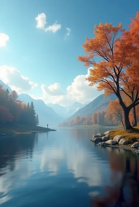 masterpiece，Best quality，high quality，Extremely detailed CG unity 8k wallpaper，landscape，Exterior，Autumnal，sky sky，cloud，landscape，water，The tree，Blue sky，Nature，lake，Award-winning photography，blur background，Depth of Field，HDR，Bloom，Chromatic Aberration，R...