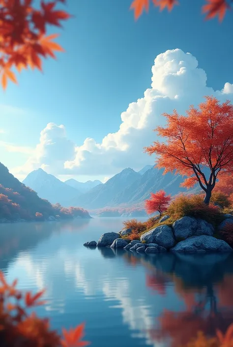 masterpiece，Best quality，high quality，Extremely detailed CG unity 8k wallpaper，landscape，Exterior，Autumnal，sky sky，cloud，landscape，water，The tree，Blue sky，Nature，lake，Award-winning photography，blur background，Depth of Field，HDR，Bloom，Chromatic Aberration，R...