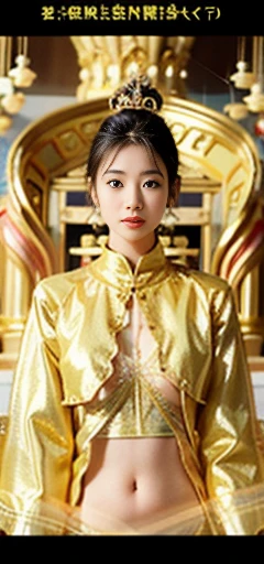 1girl in、top-quality、​masterpiece、超A high resolution、(Photorealsitic:1.4)、Raw photo、（Face of 15 year old beautiful girl）、Straight long hair、dark brown  hair、glowy skin、Dramatic、（Golden See-Through High Leg Competitive Swimwear）、（Golden transparent flutteri...