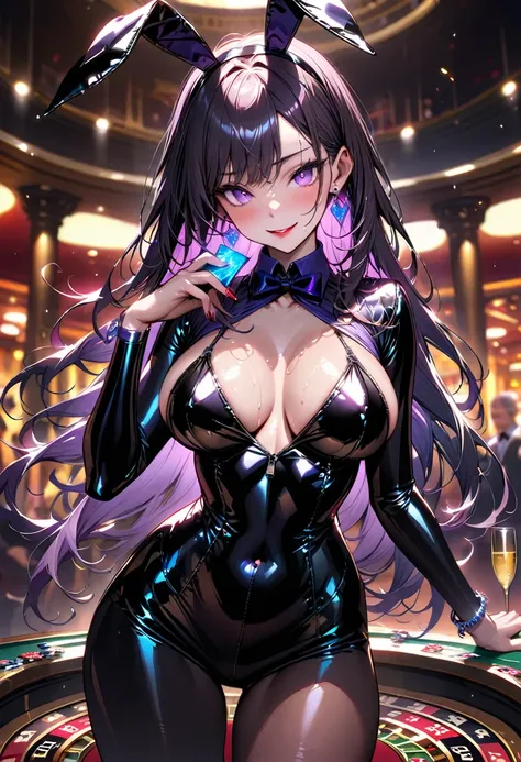 Young beautiful woman,(Highest quality,Extremely detailed depiction,Incredibly absurd high resolution,Anatomically accurate depiction),(Glowing Skin,Shiny skin),(Holding a card in your hand:1.5),(High gloss latex bunny dress,black tights,Tanned brown skin,...