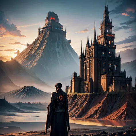 Large castle made of black metal with dieselpunk style and with a combined style of Japanese and German located on a volcano and around the volcano there is a view of a black city with dieselpunk style where royalty is located and with a background of volc...