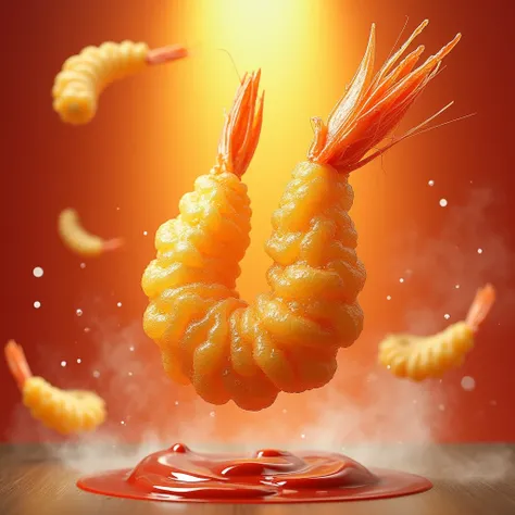 Japanese tempura advertisement，A dynamic effect of a fried shrimp tempura falling，Dynamic and bright colors