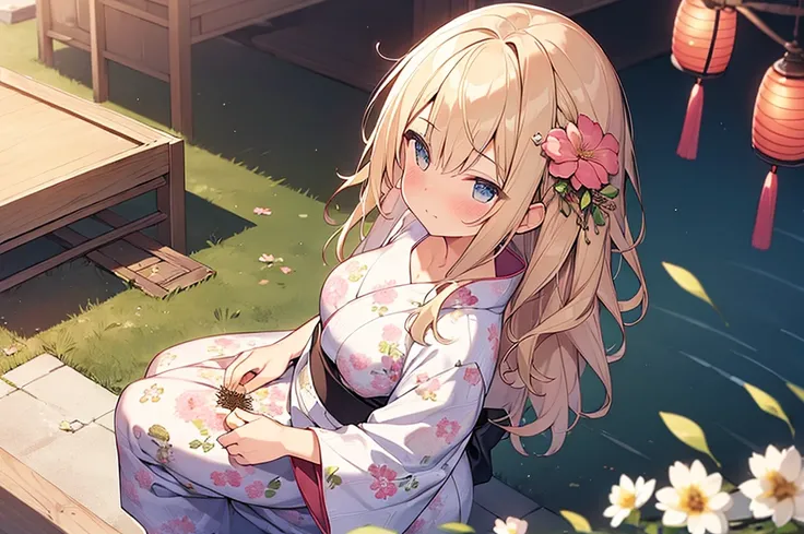 (Masterpiece, Top quality:1.5), nsfw, (from front, from above:1.2), 1 beautiful girl, solo, sitting, Blonde, medium Hair, wavy Hair, asymmetry bangs, swept bangs, airy hair, (medium breasts:1.1), 16 year old, (flower printed yukata :1.3), shy:1.1, (blush:1...