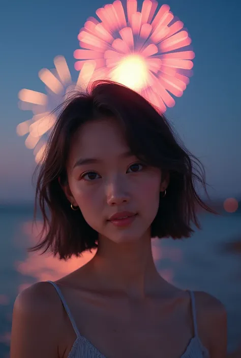 Japanese、Age 25、sister、Randomly generated people with diverse facial features and hairstyles、Perfect Anatomy,Ocean、Beach、firework、Night Sky、打ち上げfirework、目をOceanつぶる、Mature woman，Photoshoot