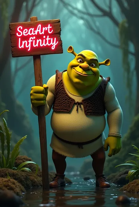 Photorealistic Shrek, holding a sing that says "SeaArt Infinity", swamp background, 8k, best quality, masterpiece, detailed background, neon text, smiling