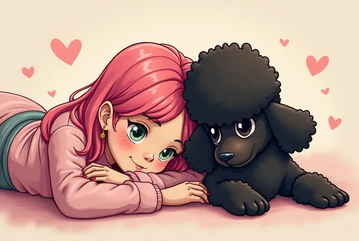 Black toy poodle and、A woman with freckles and pink hair、Lying down、An illustration