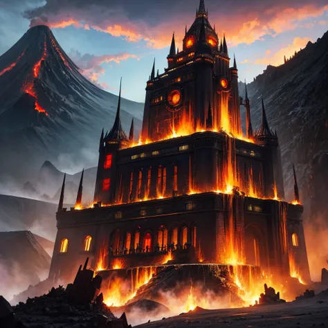 Large castle made of black metal with dieselpunk style and with a combined style of Japanese and German located on a volcano and around the volcano there is a view of a black city with dieselpunk style where royalty is located and with a background of volc...